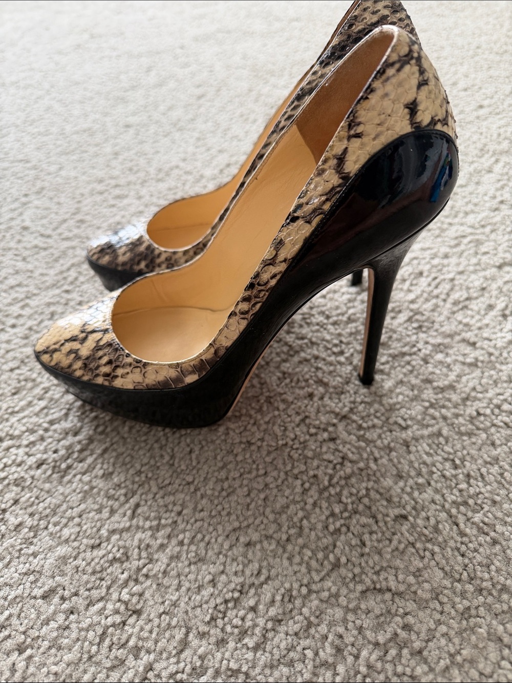 Jimmy Choo Beige and Brown Snake-Print Leather Pumps